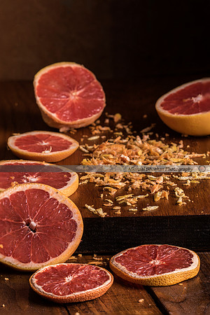 Grapefruit on a wooden cutting board